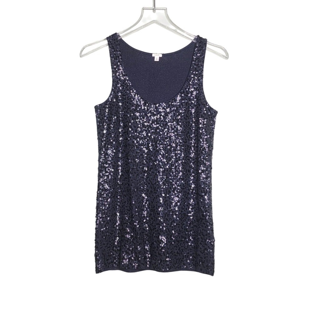 J Crew Sequin Scoop Neck Tank Top Black Party Cotton Modal Linen S